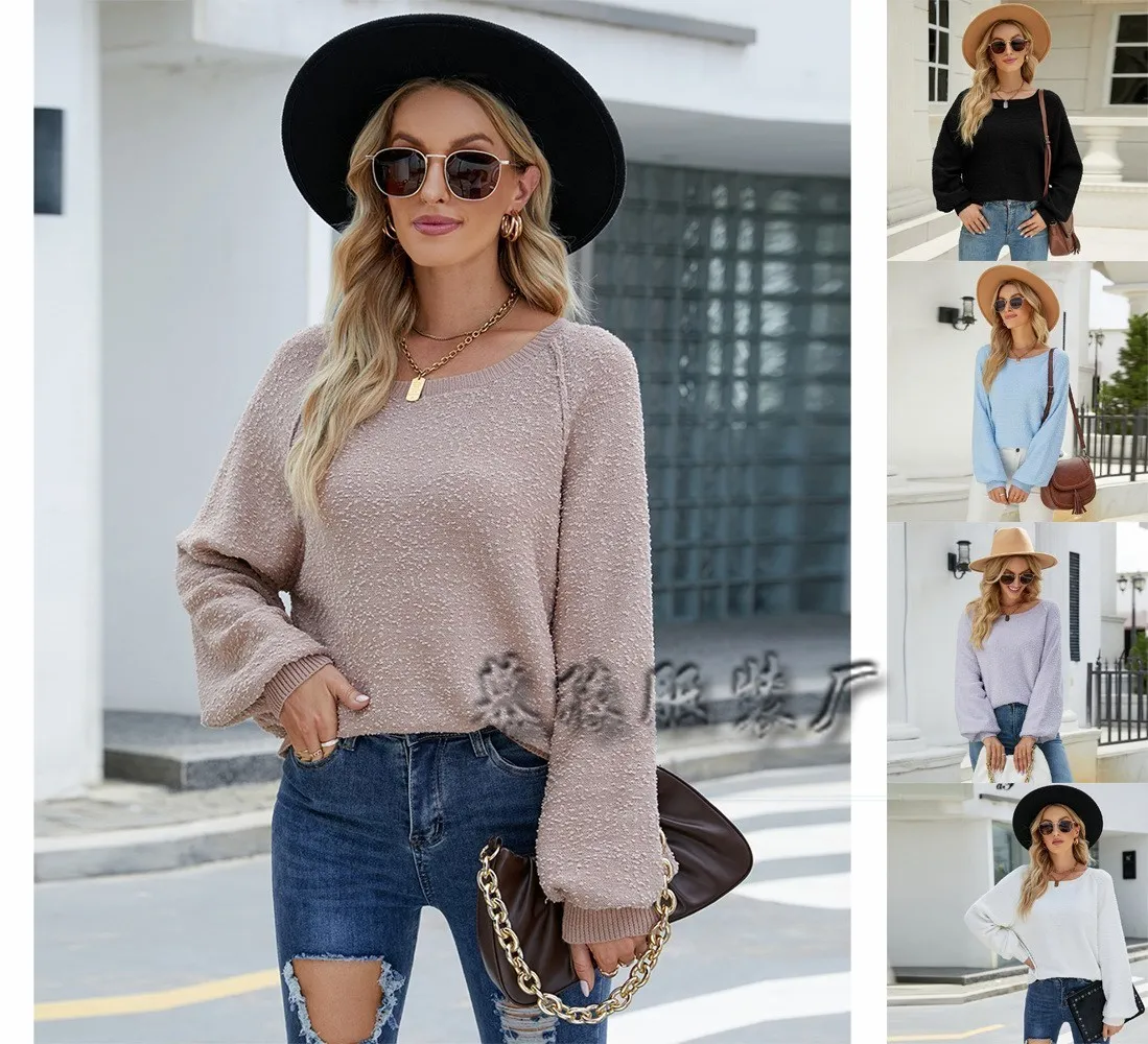 

2022 Autumn and Winter Fashion Long Sleeve round Neck Knitted Loose Solid Color Pullover Foreign Trade Sweater for Women