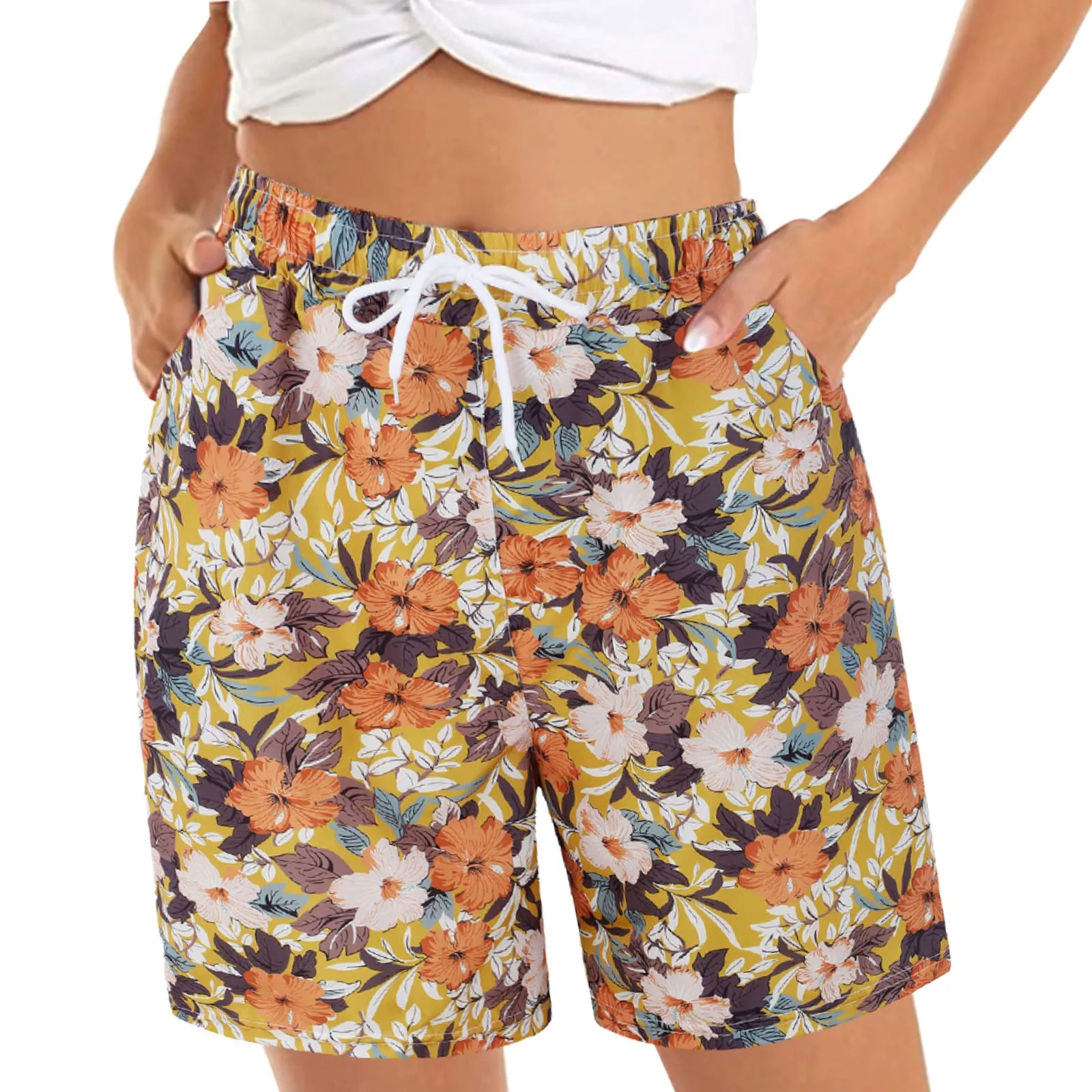 

Summer Floral Print Comfy Shorts Women Drawstrings Loose High Elastic Waist Sportwear Pocket Female Bohemian Beach Lounge Bottom
