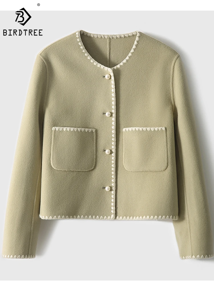 

Birdtree 88.3% шерсть 11.7% кашемировая куртка с круглым вырезом и длинными рукавами элегантные тонкие простые удобные теплые короткие пальто для женщин C30675QD