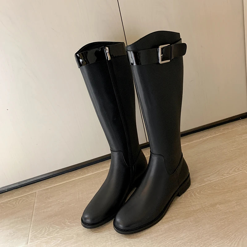 

2022 Autumn and winter Women Knee-high boots 22-25cm cow leather long boots modern boots side zipper belt buckle Knight Boots
