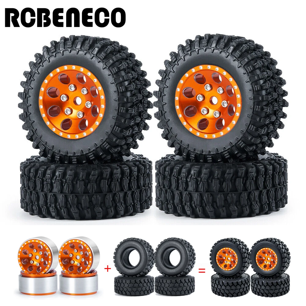

RCBENECO 4Pcs/Set 1.0" Aluminum Alloy Beadlock Wheel Rim with Rubber Tires Kit for SCX24 90081 AXI00001 AXI00002 1/24 RC Crawler
