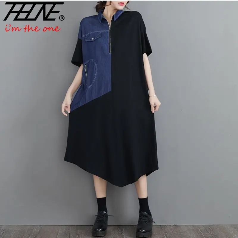 

Summer Irregular Robe Dress Women Denim Patchwork Short Sleeve Korean Style Casual Loose Dresses Fashion 2023 Vestidos De Mujer