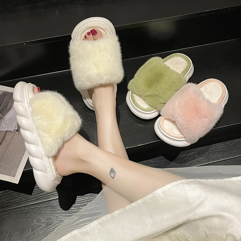 

Женские домашние тапочки из искусственного меха, мягкие плюшевые меховые шлепанцы, открытый носок, сланцы, модная обувь, большие размеры