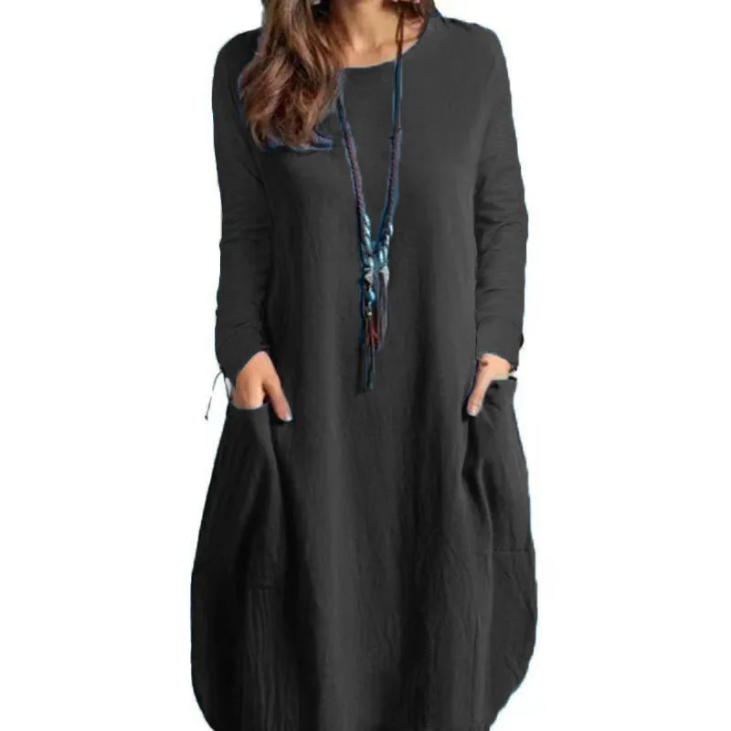 

Spring Autumn Women Winter Loose Vintage Ruffles Casual Dress Large Big Pocket Printed Party Full Long Sleeve Dresses