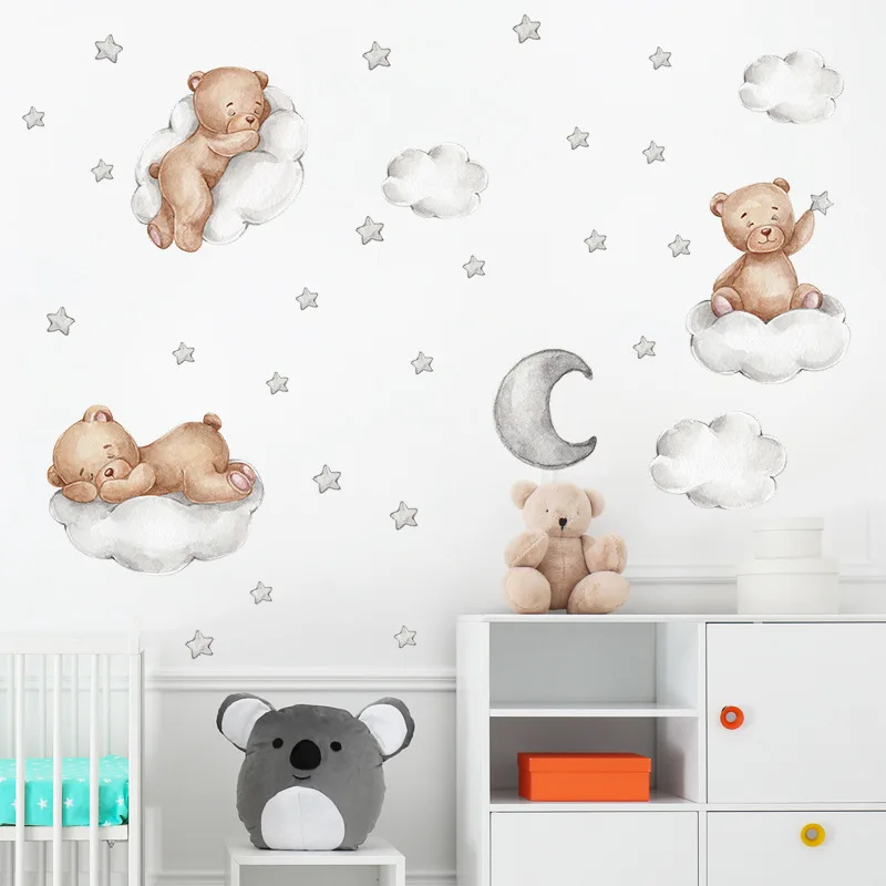 

Brown Bear Cloud Wall Decal Little Bear Moon Wall Stickers Removable Good Night Print Stickers Pictures for Kids Nursery Bedroom