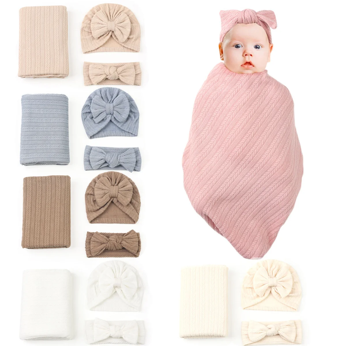 hibobi 3Pcs New Born Baby Solid Color Wrap Warm Blanket & Infant Hat & Bowknot Headwrap