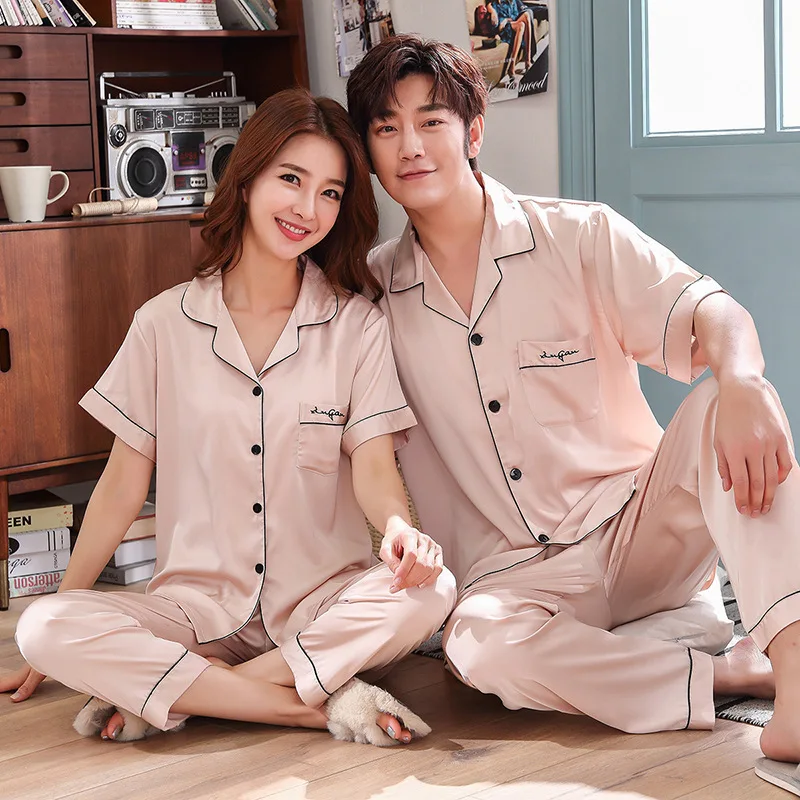 PICKBIRD 2022 New Satin Chiffon Couple Pajamas Short Sleeve Men's Pajama Set Silk Large Size Thin Section Ladies Homewear