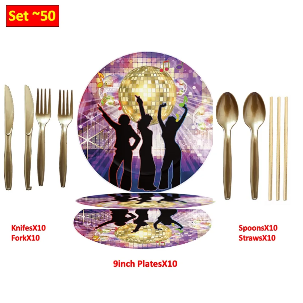 

Set 50 PCS Disco Dance Disposable Plates Fork Knifes Straws For Birthday Baby Shower Wedding School Day Celebration Dinner Party