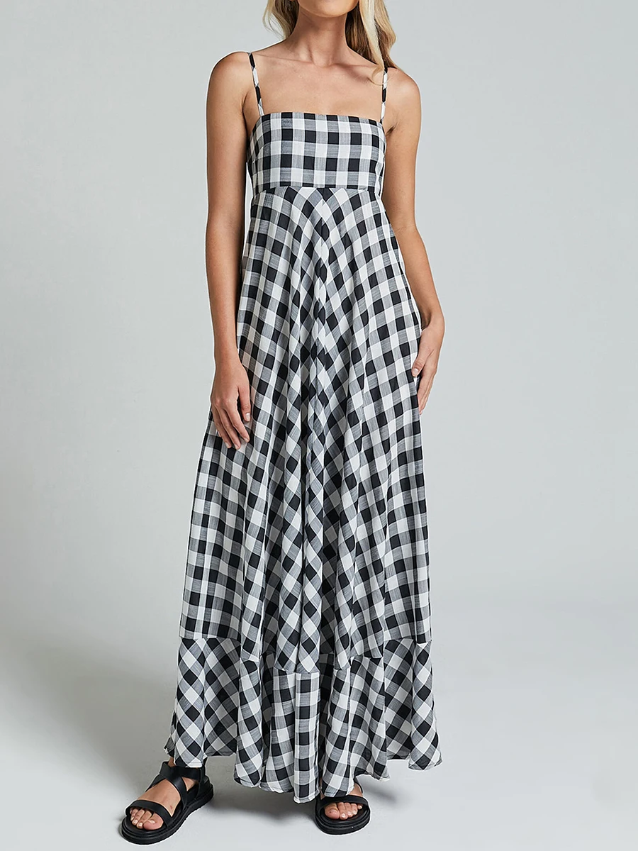 Женское летнее модное платье без рукавов повседневное клетчатое ТРАПЕЦИЕВИДНОЕ