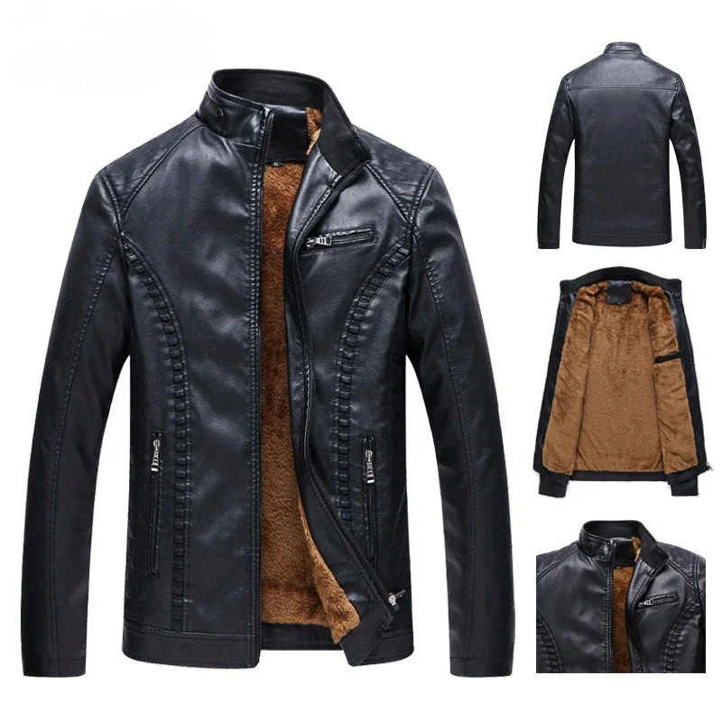 Мужские кожаные куртки, мужские мотоциклетные сохраняющие тепло кожаные куртки, модный бренд, Мужская Флисовая кожаная куртка, мужское зим... фото