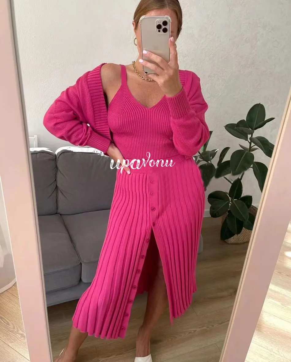 Бесплатная доставка элегантный вязаный свитер комплект из 3 предметов кардиган с