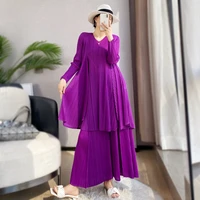 yzz elegant purple pleated pant set women two piece sets summer female outfit casual doll top loose wide leg pants