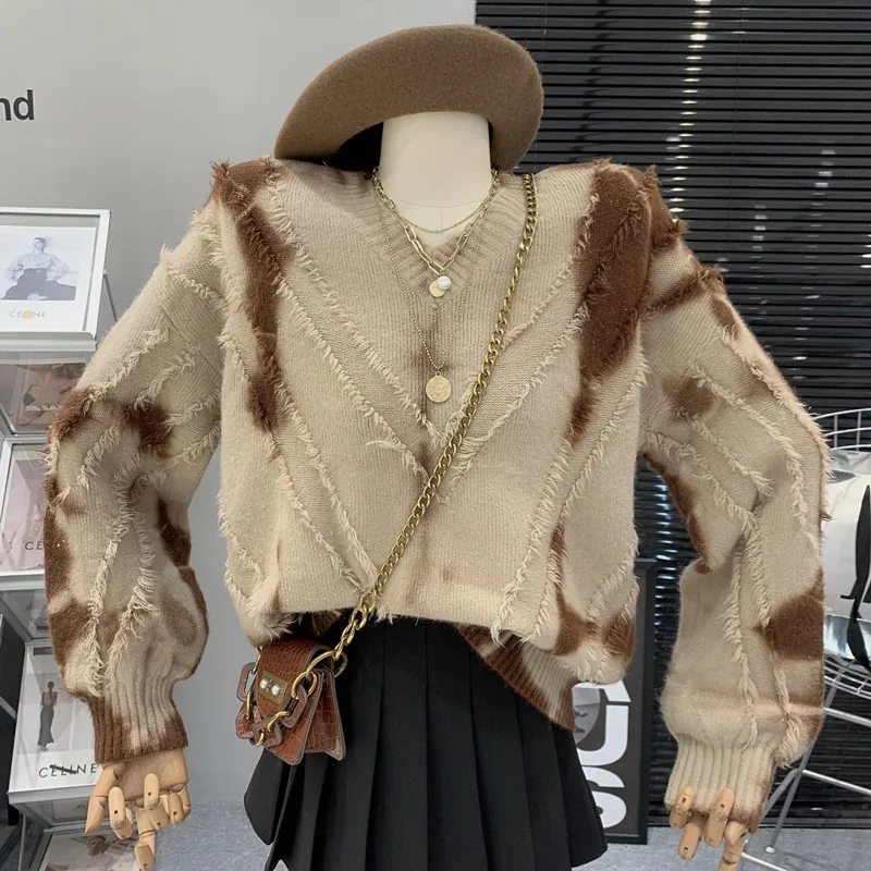 

Винтажный гало окрашенный V-образный вырез свободный дизайн кисточки приталенный Повседневный пуловер с длинным рукавом вязаный свитер Топ