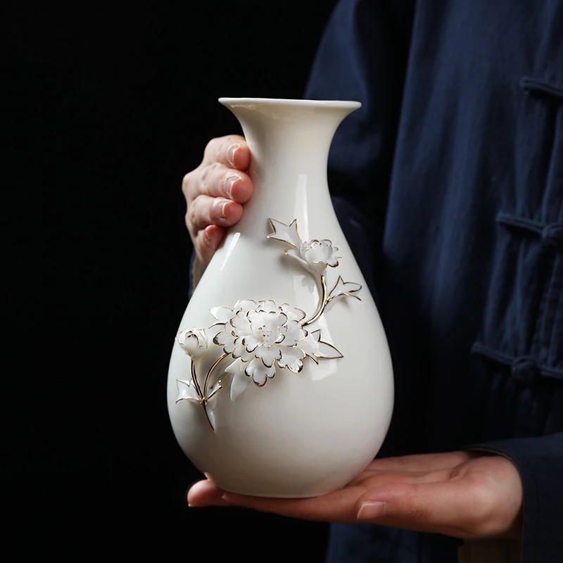 Ceramic Whiteware Vase Luxury Office Home Decor Shelf Ornament Flower Pots Decrative Living Room Decoration Desk Flower Ornament