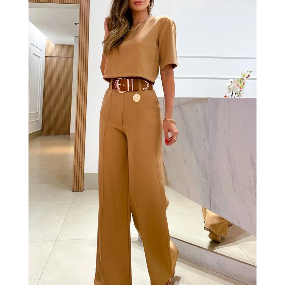 Casual Fashion Women Half Sleeve Crop T-shirt Wide Leg Pants Set Summer Femme Office Lady Two Pieces Suit Set Workwear Outfits