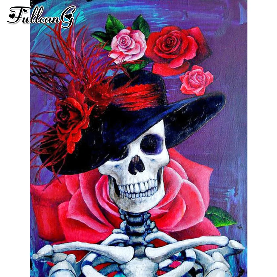 

skull flower diamond painting cross stitch 5d diy full drill rhinestone embroidery red rose mosaic picture home decor JX3471