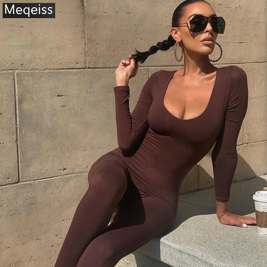 

Meqeiss Basic Bodycon Jumpsuit For Women Casual Stretch Fitness Rompers 2022 Spring Fall Activity Low Neck Streetwear Overalls