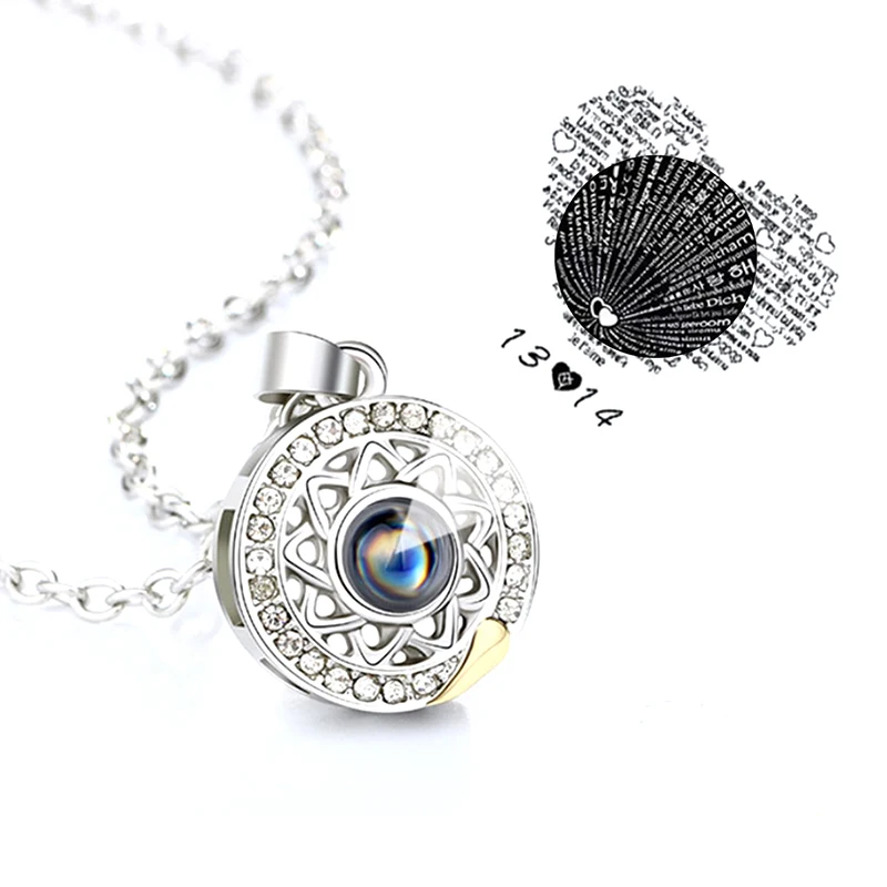 2PCS/set Sun Moon Couple Projection Necklaces I LOVE YOU In 100 Languages Necklace For Memory Of Choker |
