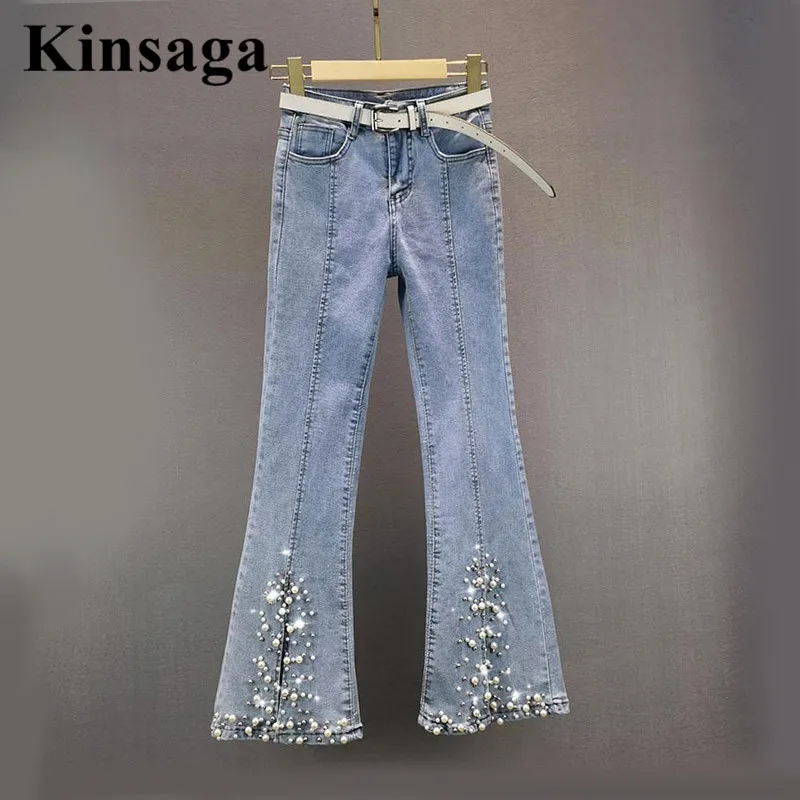 Indie Aesthetic Fit Micro Flared Jeans Women Elegant Studded Rhinestone Silt Flare Demin Pants Chic Split Shaping Bell Bottoms