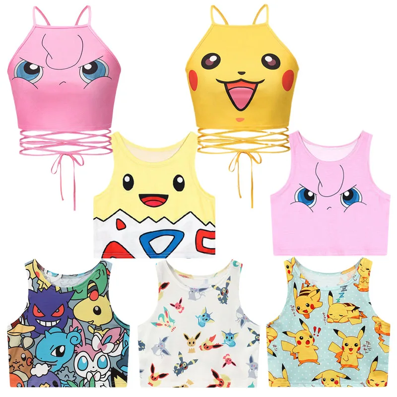 

Pokemon Cartoon Anime Kawaii Squirtle Bulbasaur Pikachu Jigglypuff Togepi Gengar Summer Top T-shirt Sexy Strap Vest Girl Gifts
