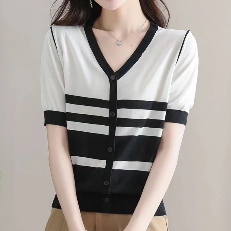 

Striped Short Sleeve Knitted Sweaters For Women Summer Tops Pullover Korean Fashion Jumpers Sweater Sueters De Mujer Moda 2023