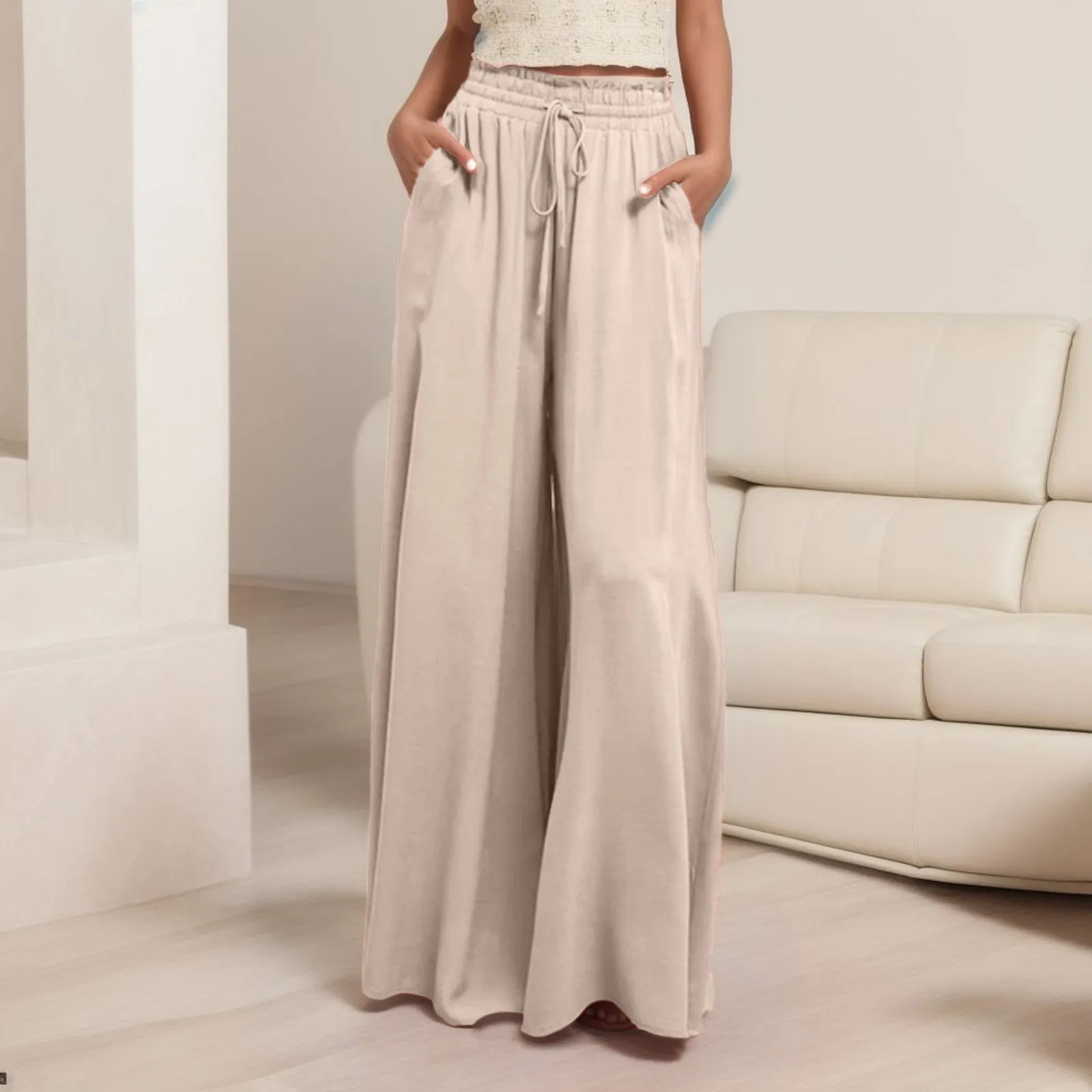 

Wide Leg Pant Korean Version Solid Trousers Elastic Belt Straight High Waist Long Pants Casual Beach Trendy Trouses For Women