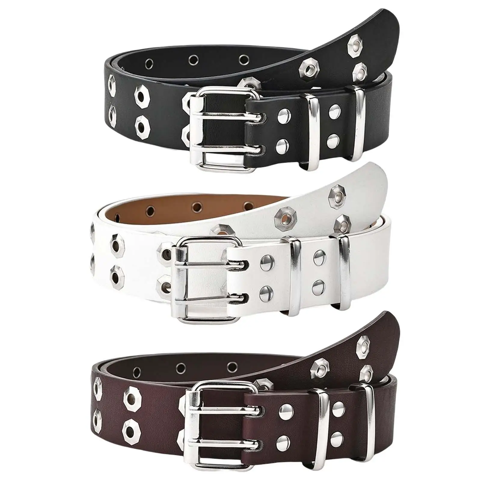 

Double Grommet Belt PU Leather Halloween Punk Belt for Women Jeans Hole Belts, 43.3inch Length