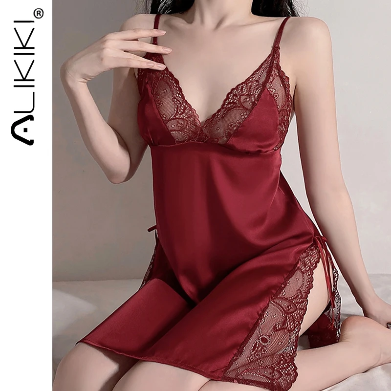 

Сексуальная ночная рубашка на подтяжках, платье для женщин, кружевное ночное белье, прозрачная ночная одежда, ночная рубашка, нижнее белье, ...
