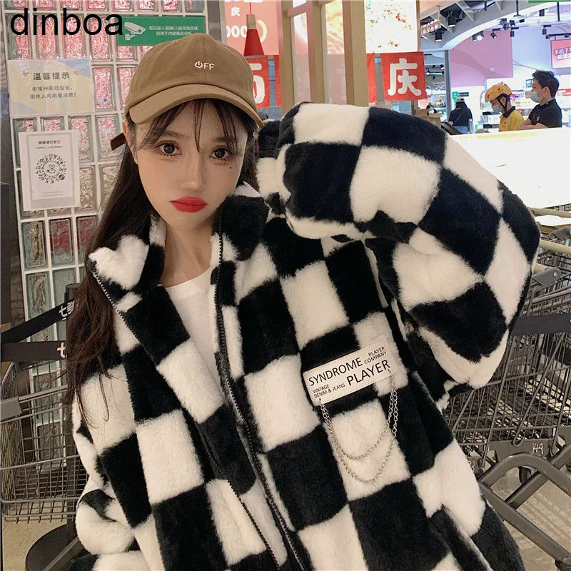 

Черно-белая шахматная куртка 2022 женский узор воротник-стойка Y2k зимняя утепленная молния в стиле ретро корейский Лидер продаж