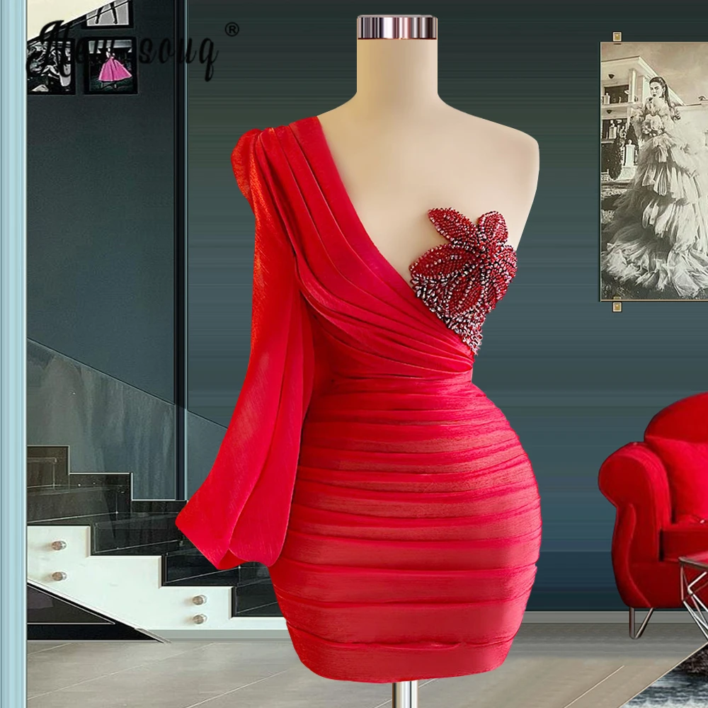 

Коктейльное платье с 3D цветами и бисером, плиссированное красное короткое платье на одно плечо для выпускного вечера, женское платье на ден...
