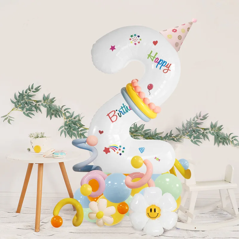 

40inch White Number Balloon Column Set Happy Birthday Sticker Smile Face Daisy Foil Balloon Children's Birthday Party Decoration