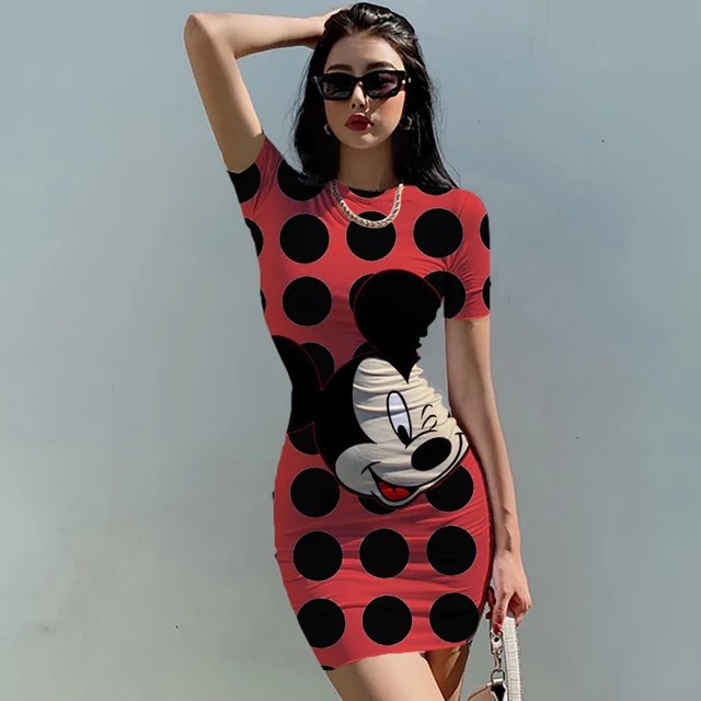 Disney Minnie Mickey Mouse bow print Elegant Pencil Dress Womens Simple Sheath Office Dresses Summer Short sleeve Casual Vestido 3
