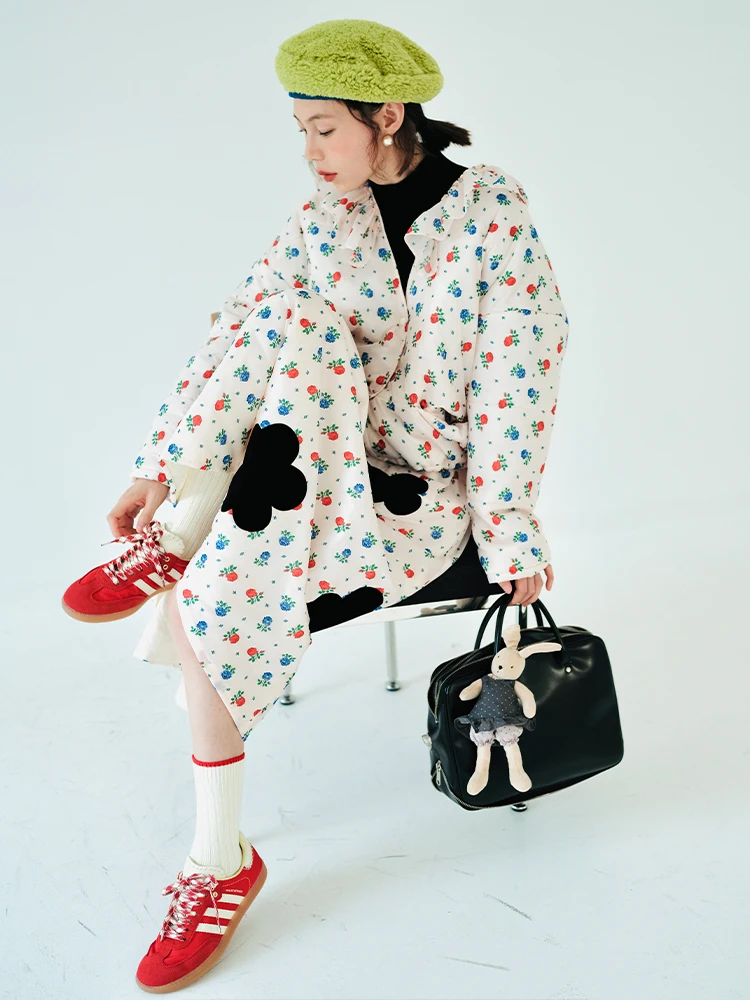 imakokoni original design autumn and winter thick warm coat floral long sleeve V-neck cotton-padded jacket top for women