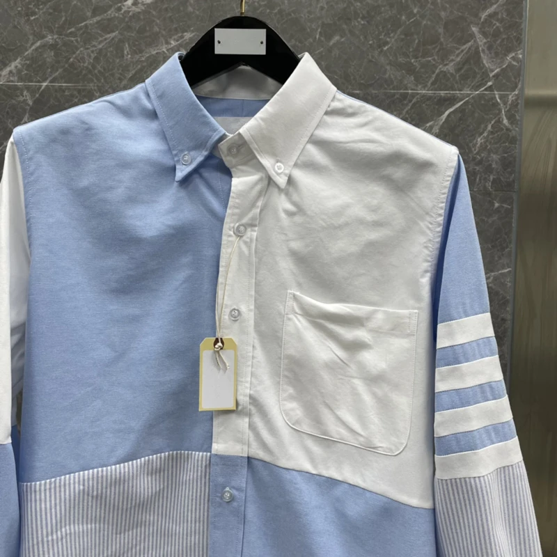TB Business Man Shirt Fashion New 2022 Man Shirt Full Sleeve Blue and White Plaid 100% Cotton Shirt for Men with Pocket Striped