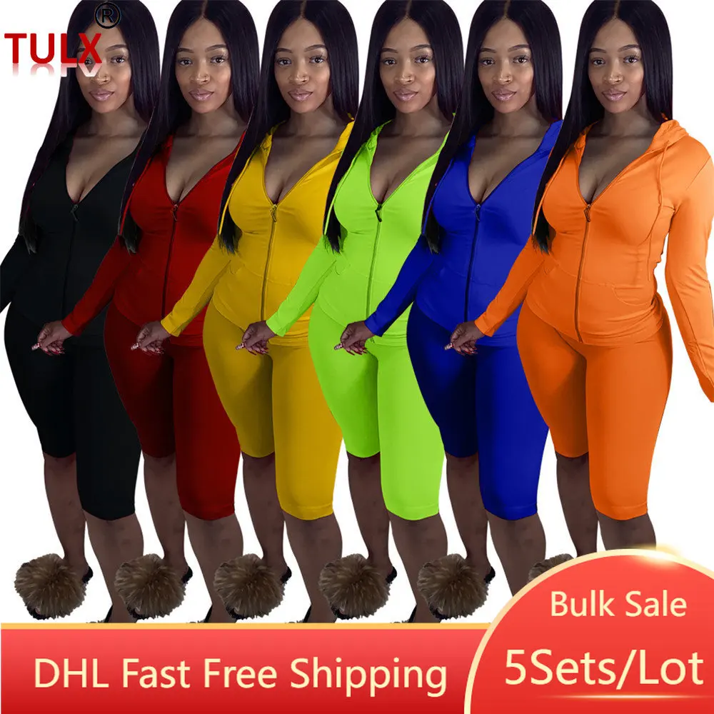 

5sets Bulk Wholesale Women Two Piece Set Long Sleeve Zipper Hoodies Jecket + Shorts Solid Sport Tracksuits Casual Outfits 9407