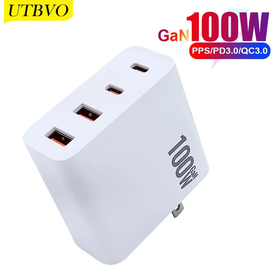 UTBVO 4 Port USB Wall Adapter GaN Charger 100W Universal Laptop PC Charger PD Fast Charger for Mobile Phone