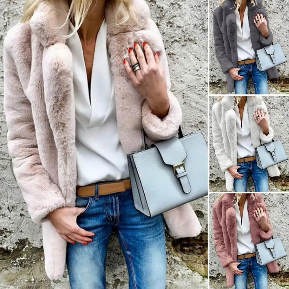 

Women Winter Fluffy Coat Solid Color Long Pattern Plush Cozy Furry Thicken Turn-down Collar Fall Winter Jacket For Outdoor