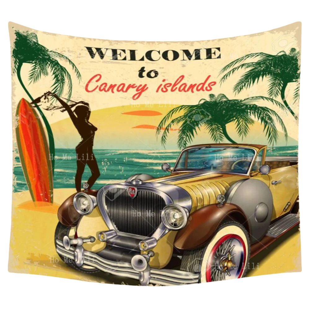 

Old American Antique Car Beach Surf Palm Trees Canary Islands Travel Posters Tapestry By Ho Me Lili For Home Wall Decor