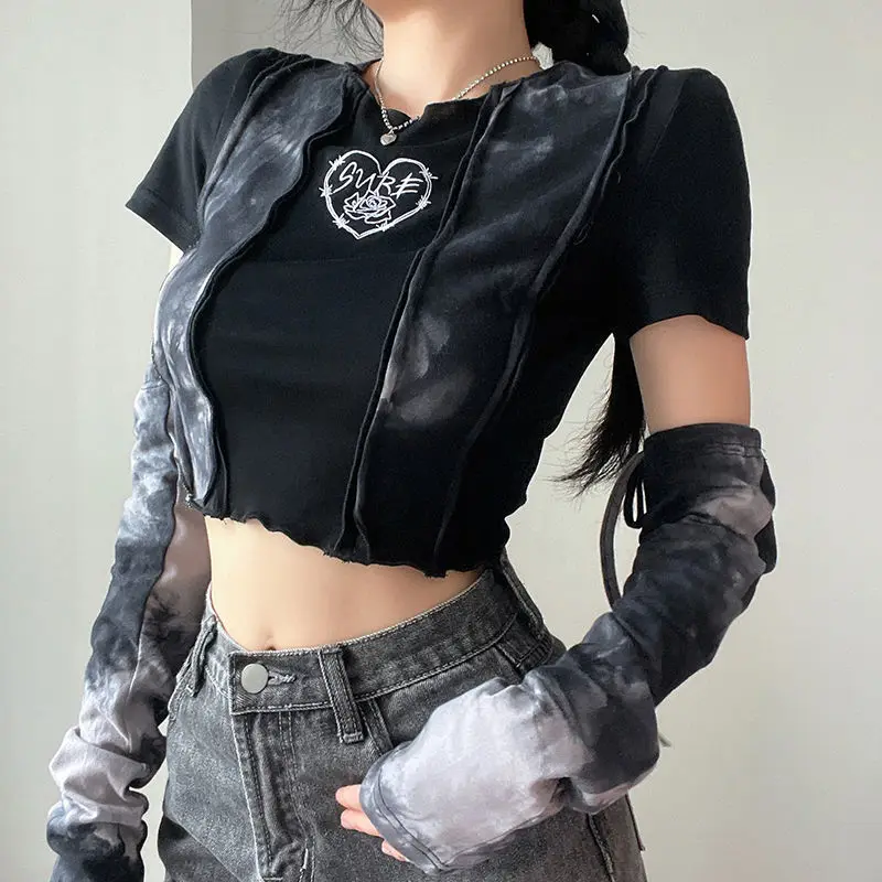 

2022 Fashion Y2k Clothes Tie Dye Patchwork Heart Letter T Shirts Female Slim Vintage Summer Punk Gothic Top Sunscreen Sleeves