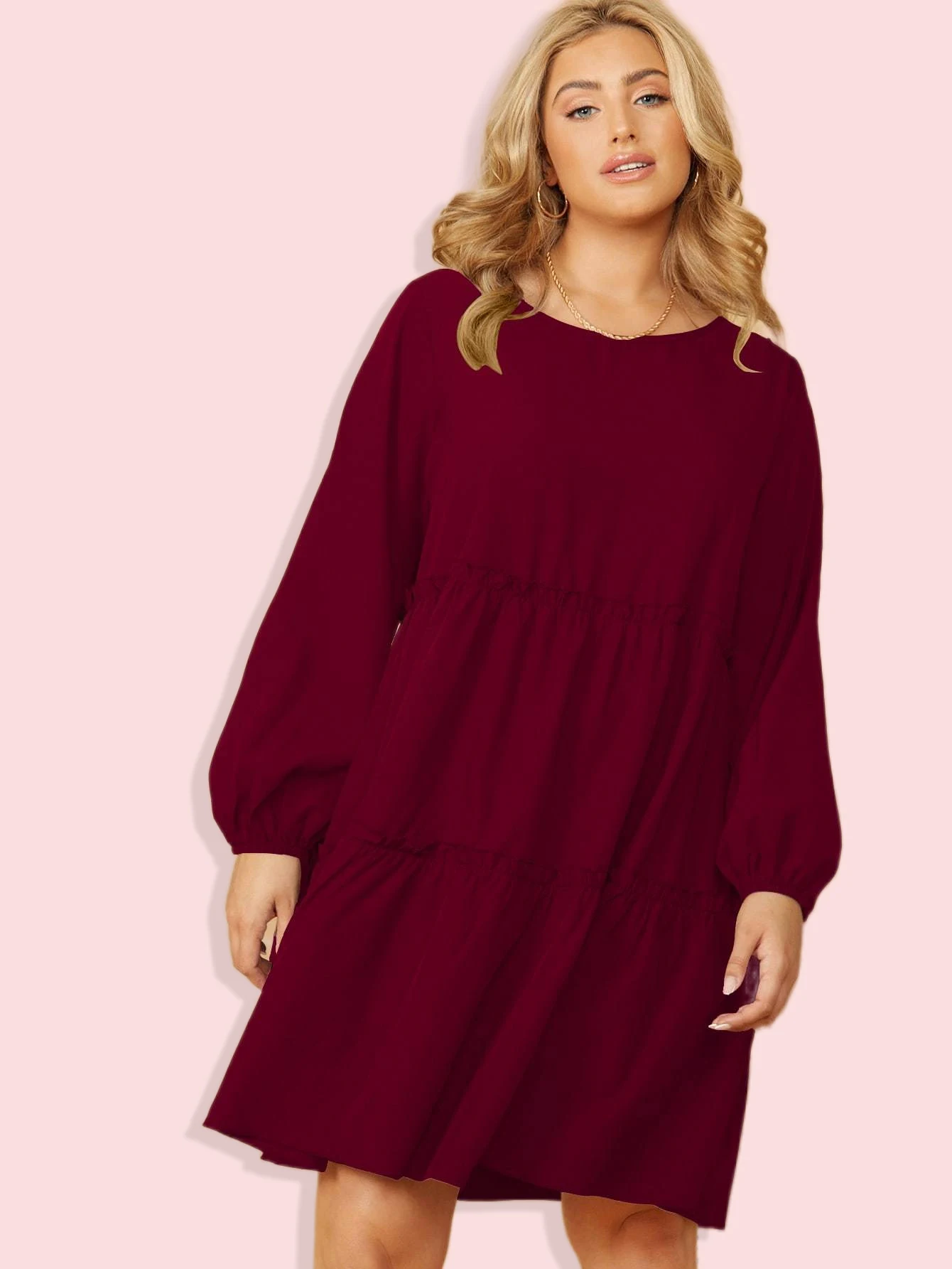 Plus Size Loose Midi Tunic Dress Lantern Sleeve O Neck Casual Oversized Dresses Woman 2022 Autumn 4XL Large Cotton Red Clothing
