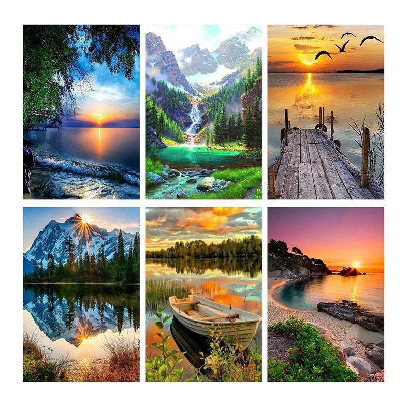 

6 Pack Paint By Numbers For Adults And Kids Beginner,Without Frame DIY Landscape Oil Painting,Home Wall Decor 12X16 In