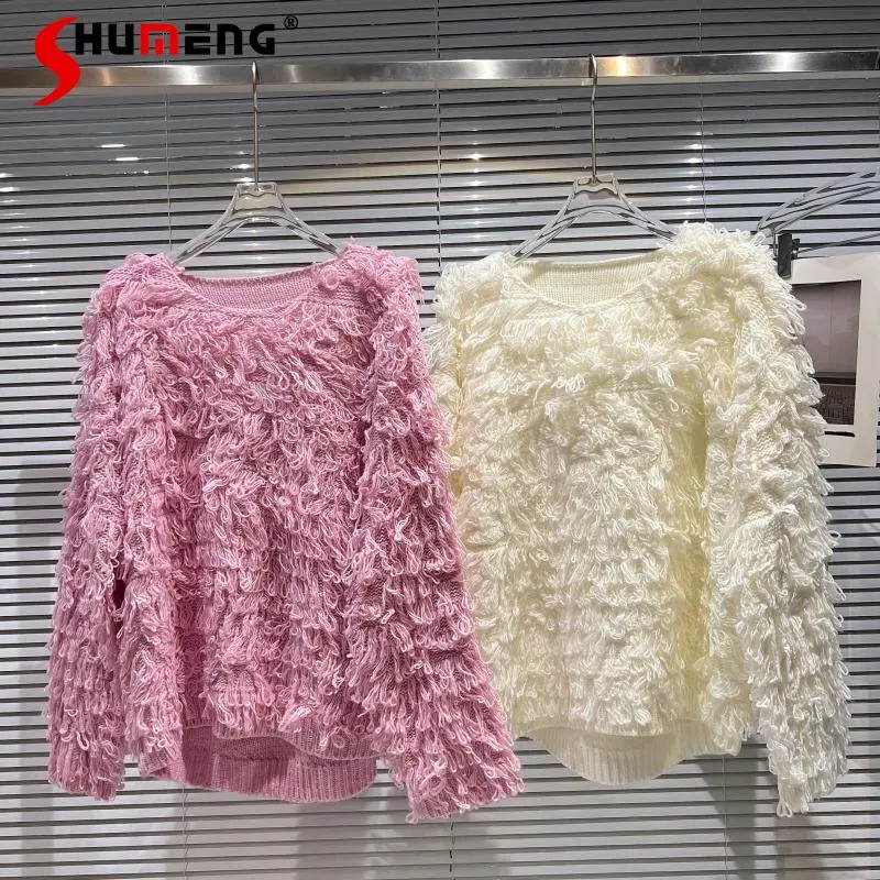 Autumn Winter New Wool Cute Design Loose Warm Knitted Sweater for Women Long Sleeve Solid Color Outer Wear Knitted Pullover