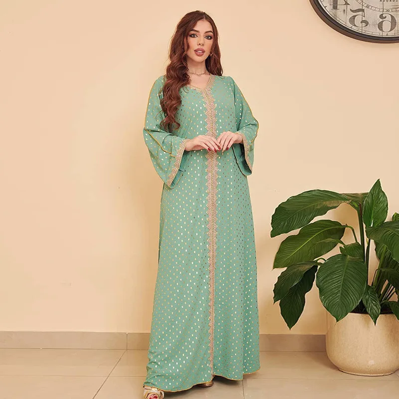 Abaya Women 2023 Summer New Bronzing Muslim Dubai Robe Elegant V Neck Maxi Long Dress Prom Arab Islamic Moroccan Kaftan Eid