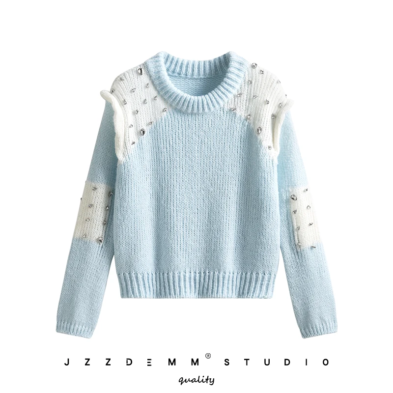 

Heavy industry nail drill thick sweater women's autumn and winter color-blocking round neck outer wear top knitted sweater