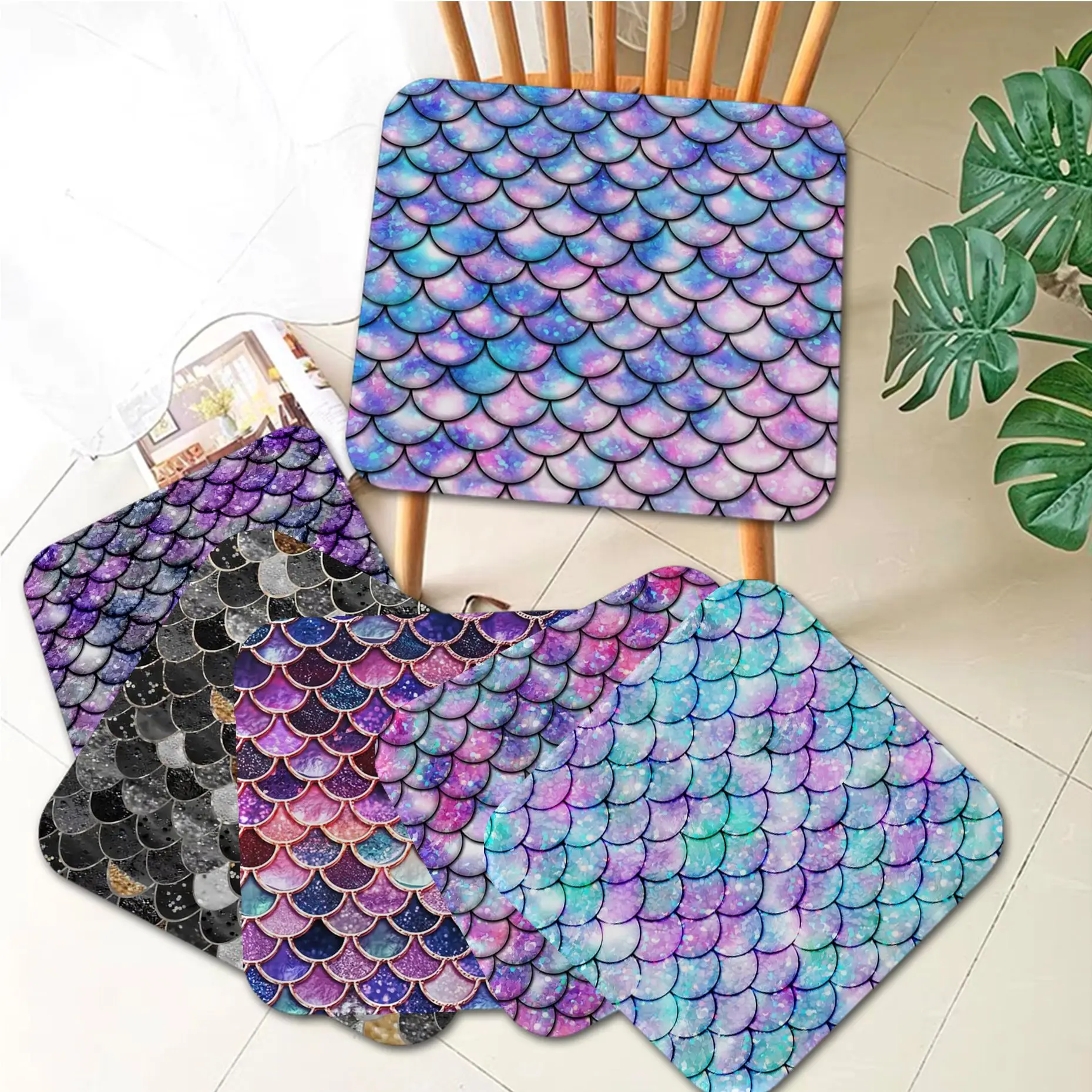 

Colorful Mermaid Scales European Seat Cushion Office Dining Stool Pad Sponge Sofa Mat Non-Slip Buttocks Pad