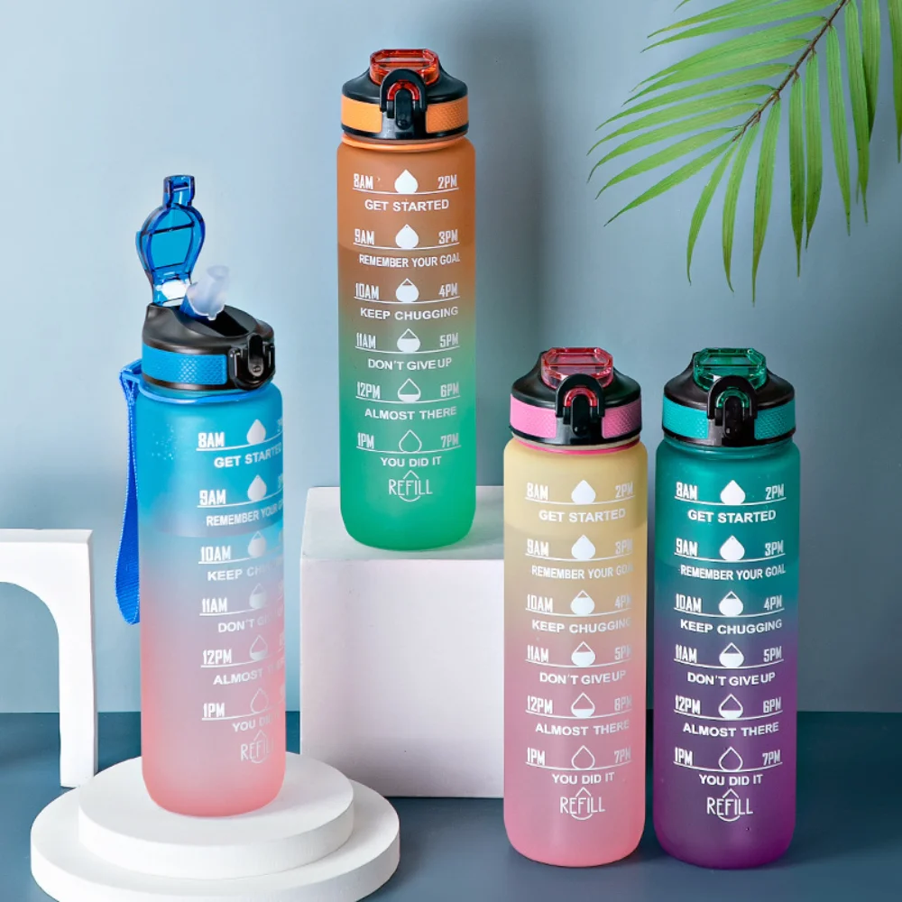 

1 л спортивные чашки для воды, вместительная градиентная мотивирующая бутылка для питья, для спортзала, путешествий, герметичная бутылка для воды с соломинкой