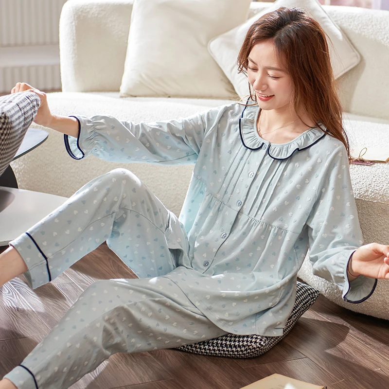 

Autumn Loungewear Women Ruffled Crew Neck Pjs Women Homesuit Homeclothes Fashion Heart Printing Long Sleeve Long Pants Pj Set