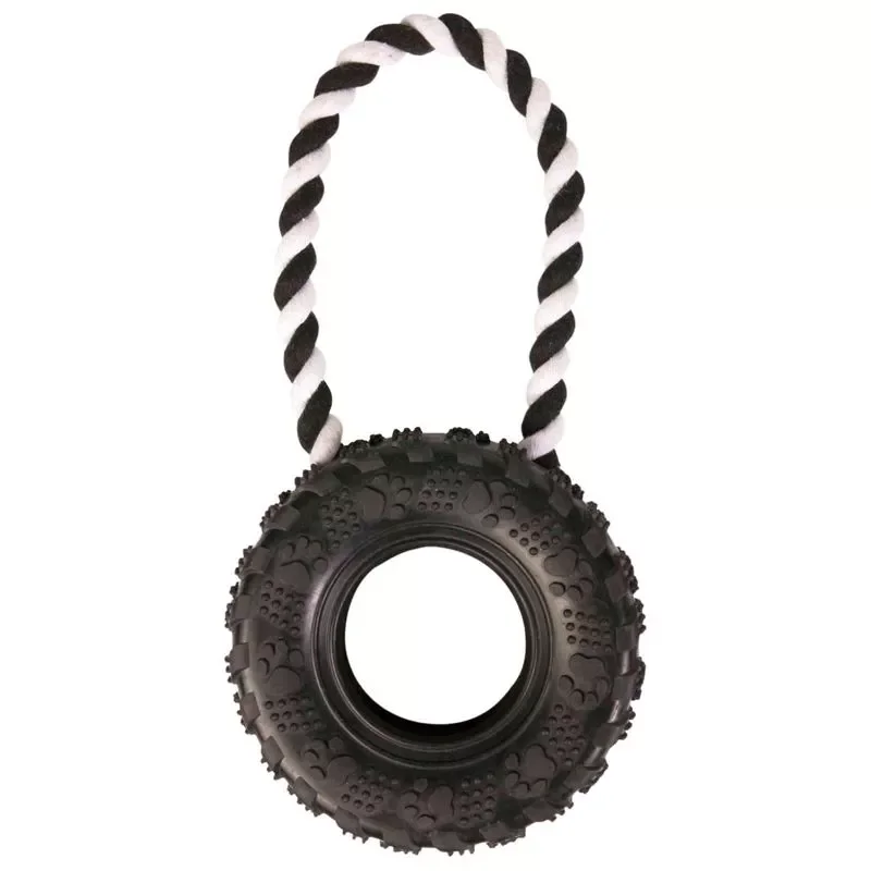 

33702 natural rubber tyre shaped dog toy with rope 15 × 31 cm