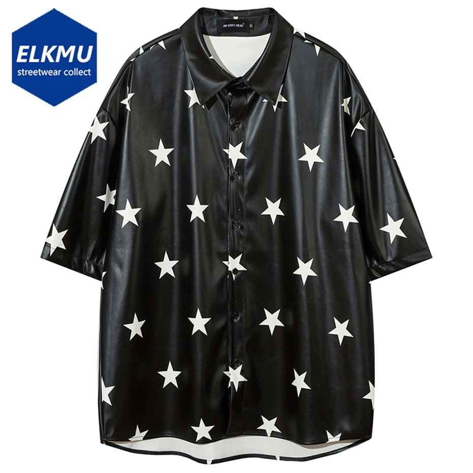 

Fashion Loose Leather Shirts Star Graphic Black Button Up Blouse Harajuku Streetwear Hip Hop Shirts Y2K Tops Men