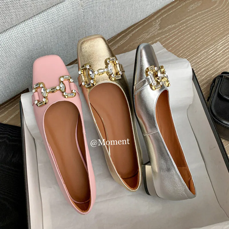 

2023 New Brand Women Genuine Leather Flat Ballet Shoes Fashion Crystal Square Toe Shallow Ballerina Slip on Casual Loafer Shoes
